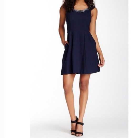 Betsey Johnson Jeweled Fit & Flare Cocktail Navy Mini Dress - Picture 3 of 13